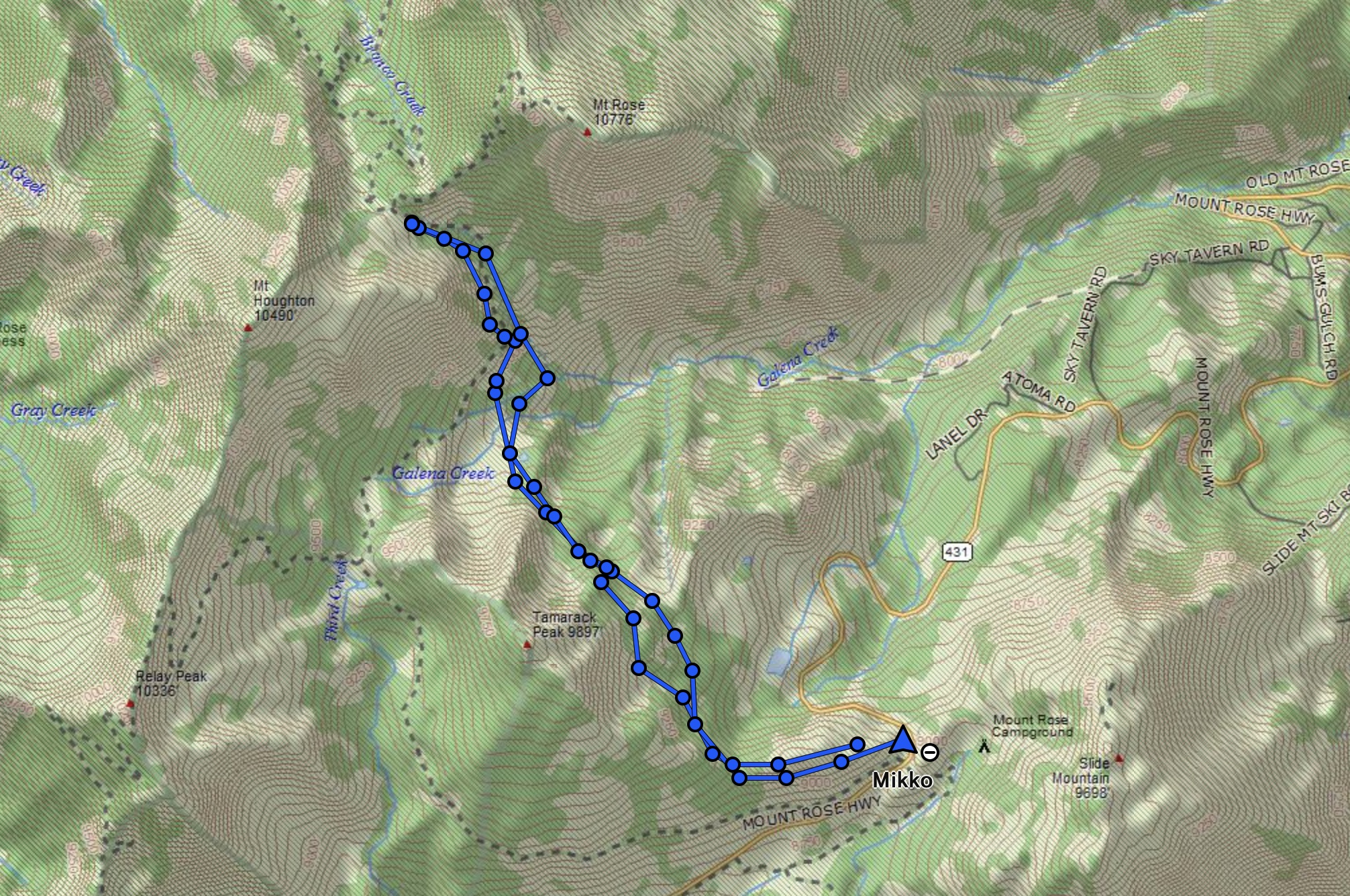 Map of the Mount Rose area showing my track